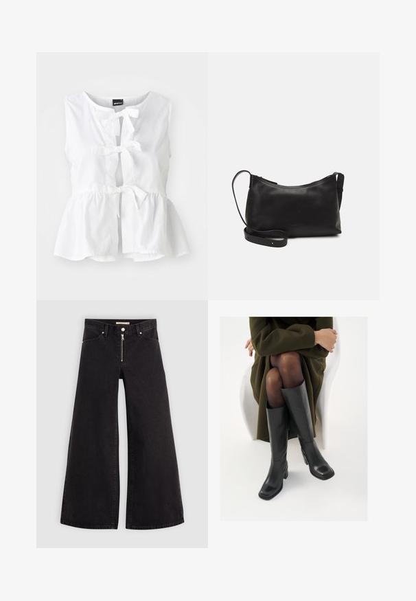 White sleeveless top in lightweight fabric, featuring a peplum hem, front ties, and keyhole opening, with a rounded neckline.; Wide-leg jeans in black denim with a zippered front, five-pocket design, and subtle stitching details. Smooth texture and casual style.; Knee-high black leather boots with a squared toe and block heel, shown with a model seated in an olive green coat. Smooth texture, minimal detailing.; Black leather shoulder bag with a smooth texture, curved shape, adjustable strap, and a zip closure. Minimalist design without embellishments.