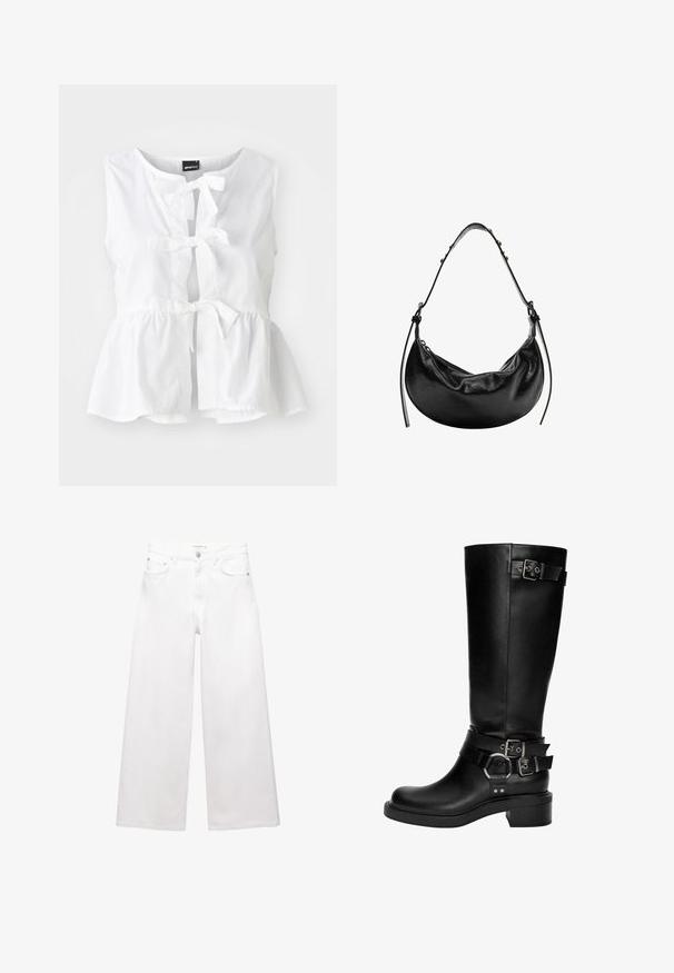 Vit ärmlös topp i lätt material, med en peplumkant, framband och nyckelhålöppning, samt rundad halsringning.; Vita vida jeans i bomull med hög midja, fem fickor och detaljer i mässing. Slät, odistressad yta.; Svarta läderstövlar som går upp till knäna har en rund tå, en staplad klack och flera dekorerande remmar med silverspännen och accenter.; Svart läderhandväska med en halvmåneform, slät textur och justerbar axelrem, med subtila hårdvaruaccenter. Dragkedjestängning synlig.