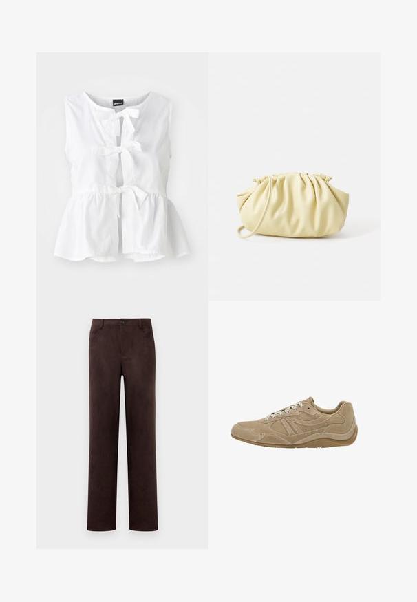 Top bianco senza maniche in tessuto leggero, con orlo a peplum, legature frontali e apertura a chiave, con scollatura arrotondata.; Pantaloni in suede marrone scuro a gamba dritta con chiusura anteriore a bottone e zip, passanti per cintura e tasche laterali.; Sneaker in suede beige con profilo basso, superficie texturizzata e lacci bianchi. Presenta un design curvo e una suola in gomma per una migliore aderenza.; Borsa plissettata gialla in morbida pelle ecologica, con una forma morbida, una sola tracolla e un design superiore arricciato.