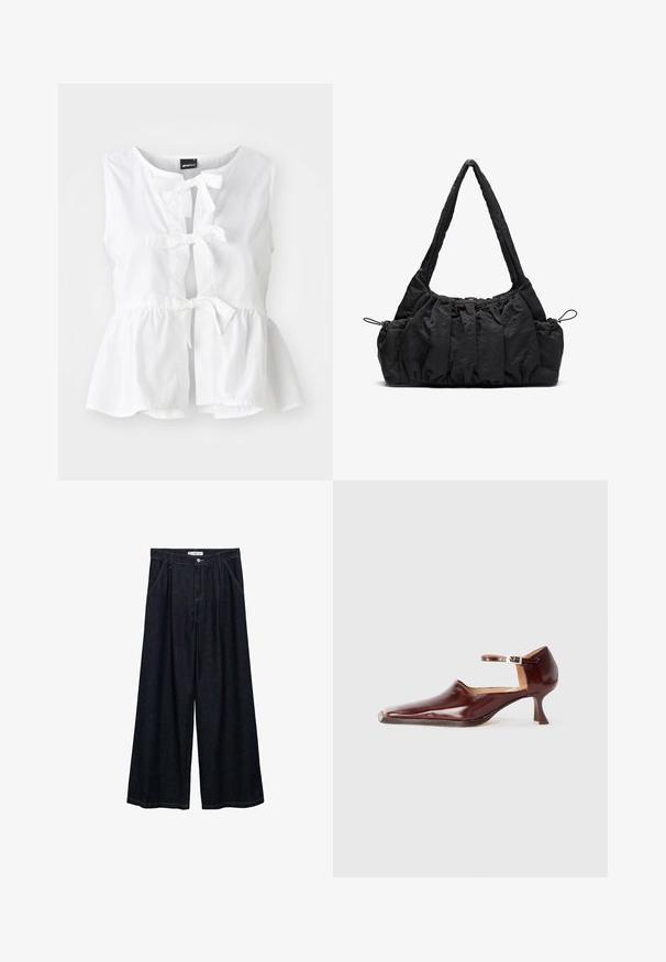 Bílý bezrukávový top z lehkého materiálu, s peplum lemem, předními vázáními a otvorem ve tvaru klíče, s kulatým výstřihem.; Tmavě modré široké kalhoty s vysokým pasem, které mají zapínání na přední knoflík, dvě boční kapsy a švy.; Burgundské lakované boty s špičatou špičkou, kotníkovým pásem a 5 cm zúženým podpatkem. Hladký povrch a minimalistický design.; Černá látková kabelka se skládáním, dvěma ramenními popruhy a stahovacími šňůrkami po stranách. Hladký, lehký materiál.