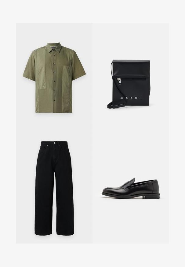Short-sleeve olive green shirt with a button-down collar, textured fabric, and large patch pockets on the front. Black buttons along the placket.; Black wide-leg pants made of cotton, featuring a high waist, front pockets, silver-tone button, and clean hemline.; Black leather loafers with a smooth texture, rounded toe, and a decorative strap across the vamp. Low stacked heel, minimalist design.; Black leather crossbody bag with a zippered front pocket, embossed logo, and adjustable strap. Smooth texture with a structured shape.