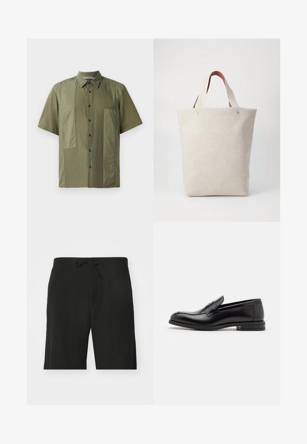 Olijfgroene overhemd met korte mouwen en een button-down kraag, van een gestructureerde stof, met grote opgestikte zakken aan de voorkant. Zwarte knopen langs de knoopsluiting.; Zwarte linnen shorts met een drawstring taille, met een relaxte pasvorm en een knielengte ontwerp. Gladde textuur, simple en klassieke stijl.; Zwarte leren instappers met een gladde textuur, ronde neus en een decoratieve band over de wreef. Lage, gestapelde hak en minimalistisch ontwerp.; Tasje van lichtbeige stof met een gestructureerde afwerking, voorzien van twee contrasterende bruine leren handgrepen en metalen accenten aan de bovenkant.