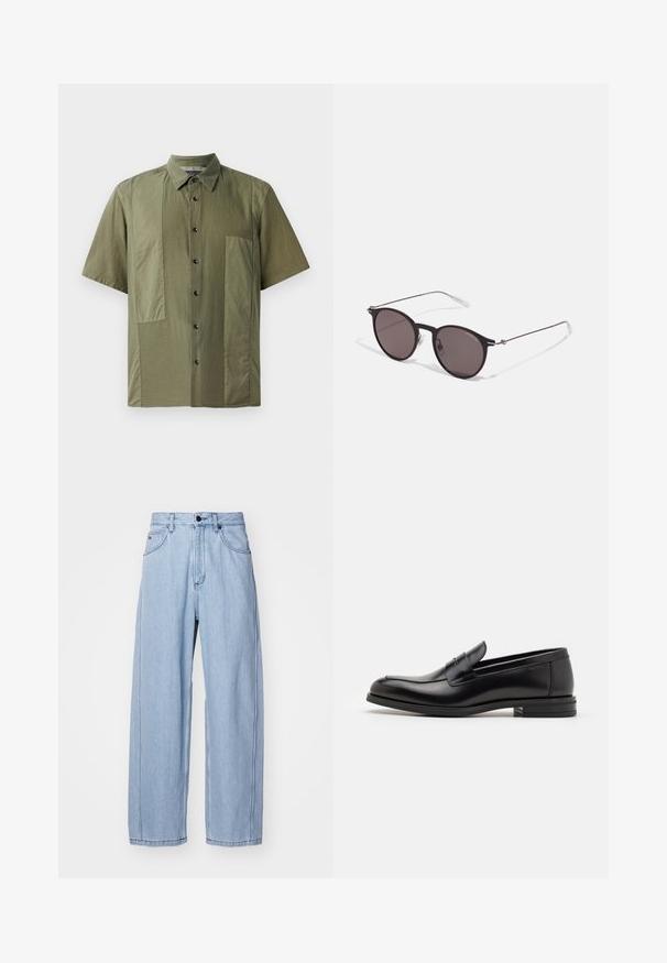 Vihreä oliivinvärinen lyhythihainen paita, jossa on napillinen kaulus, teksturoitu materiaali ja isot läpällä varustetut taskut edessä. Mustat napit nappilistalla.; Vaaleansiniset farkut, joissa on leveä lahje, etutaskut, napitus ja yksityiskohtainen ompelu saumoissa.; Mustat nahkakengät, joissa on sileä pinta, pyöreä kärki ja koristeellinen nauha jalkapöydän yli. Matala pinoitu koroke, minimalistinen muotoilu.; Musta pyöreä aurinkolasit tummilla linsseillä ja kapeilla metallikehyksillä. Sisältää kirkkaat temppelet ja hopeiset yksityiskohdat saranassa. Minimalistinen muotoilu.