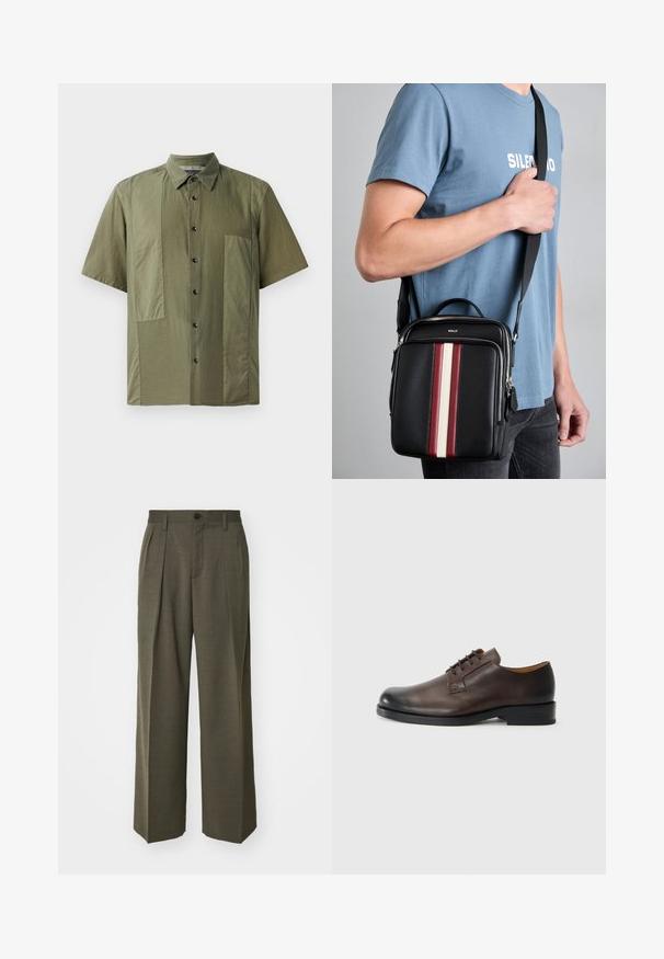 Camisa de manga corta color verde olivo con cuello tipo polo, tejido texturizado y amplios bolsillos con parche en el frente. Botones negros a lo largo de la tapeta.; Filippa K WIDE TROUSERS - Pantalones - driftwood; Zapato de cuero marrón con punta redondeada, tacón bajo, diseño con cordones y textura suave. Presenta costuras mínimas y un acabado pulido.; Bolso cruzado de piel negra con rayas verticales en rojo, blanco y beige. Cuenta con una asa superior y una correa ajustable. Cierre con cremallera visible.