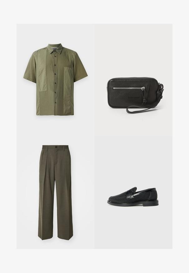 Μαύρο μπλουζάκι μέχρι τον αγκώνα σε ελιά χρώμα με γιακά που κουμπώνει, υφή υφάσματος και μεγάλα πλαϊνά τσέπες μπροστά. Μαύρα κουμπιά κατά μήκος του κολάρου.; Filippa K WIDE TROUSERS - Παντελόνι - driftwood; Μαύρο πλεκτό παπούτσι slip-on με λείο δερμάτινο στοιχείο στο άνω μέρος, στρογγυλή μύτη και χαμηλό καουτσούκ πάτο.; Μαύρη δερμάτινη τσάντα φάκελος με υφή, μπροστινή τσέπη με φερμουάρ και αποσπώμενη θηλιά στον καρπό. Διαθέτει λογότυπο μπροστά. Ορθογώνιο σχήμα.