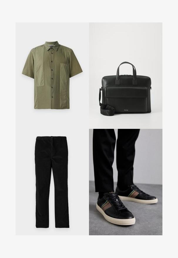Košeľa s krátkymi rukávmi, olivovo zelená, s golierom na gombíky, štruktúrovaná tkanina a veľké náprsné vrecká vpredu. Čierne gombíky po celej dĺžke knoflíkovania.; Čierne saténové nohavice s rovnými nohavicami, elastickým pásom a predným šnúrkovým zapínaním, vystavené na bielom pozadí.; Čierne kožené tenisky s multicolor pruhovanými akcentmi, okrúhlou špičkou a bielymi gumovými podrážkami, s šnurovacím dizajnom a embosovanou značkou.; Čierna kožená aktovka s dvoma hornými rúčkami, predným vreckom a odnímateľným popruhom, s diskrétnym logom na spodnej časti.