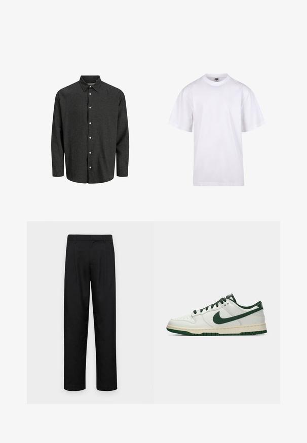 Camicia a maniche lunghe a quadri neri e grigi con colletto classico e bottoni bianchi. Tessuto morbido con vestibilità strutturata.; T-shirt bianca in cotone con scollatura a girocollo, maniche corte e vestibilità rilassata. Presenta un design semplice senza motivi o accenti.; Pantaloni neri realizzati in tessuto liscio, caratterizzati da un taglio dritto, due pieghe frontali e una vita standard con passanti per la cintura.; Sneaker bianco a bassa cima con swoosh Nike verde scuro, lacci e dettagli della suola, mostrato di profilo su uno sfondo bianco uniforme.