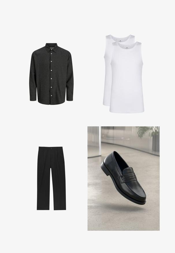 Zwart en grijs geruit overhemd met een standaard kraag, lange mouwen en witte knopen. Zachte stof met een gestructureerde pasvorm.; Witte katoenen tank tops, mouwloos ontwerp, ronde hals, effen textuur, gemaakt van een zachte, lichtgewicht stof. Twee stuks tentoongesteld.; Zwarte broeken met een recht model, gemaakt van een gladde stof. Voorzien van een voorplooien en een enkele knoopsluiting bij de taille.; Zwarte leren loafer met een gladde textuur, spitse neus en een decoratieve band over de wreef. Lichtgewicht zool, minimalistisch ontwerp.