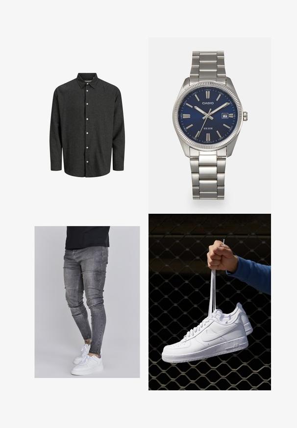 Camisa de cuadro negro y gris con cuello estándar, mangas largas y botones blancos. Tejido suave con un ajuste estructurado.; Jeans ajustados en denim gris desgastado, con detalles desgastados en las rodillas, combinados con zapatillas blancas. Textura suave, diseño de corte slim.; Zapatillas de cuero blanco con perforaciones, punta redonda, suela plana y cordones gruesos, con un logo de swoosh visible y "AIR" en el talón.; Reloj de pulsera de acero inoxidable plateado con una esfera azul marina, marcadores horarios metálicos y una ventana de fecha a las 3 en punto. Resistente al agua hasta 50 metros.