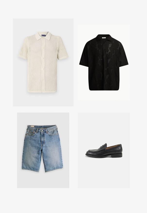 Polo a maniche corte in maglia color crema con un motivo testurizzato e a trama aperta. Chiusura con cinque bottoni e bordi a coste.; Polo shirt nero a maniche corte con un motivo astratto testurizzato. Il colletto è piatto e leggermente aperto, migliorando il design rilassato.; Shorts in denim azzurro chiaro con taglio classico. Presentano cinque tasche, dettagli di cucitura arancione e orli a taglio vivo.; Mocassini in pelle nera con finitura liscia, punta arrotondata e cuciture decorative sulla tomaia. Tacco basso impilato e leggero lucido.