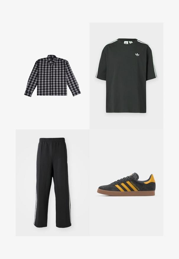 Camicia a maniche lunghe a quadri nera e grigia realizzata in tessuto morbido, con colletto button-down e logo ricamato sul petto.; Maglietta nera in cotone con maniche corte, scollo rotondo e dettagli bianchi a tre strisce sulle spalle. Presenta un piccolo logo bianco sul petto.; Pantaloni da jogging neri con elastico in vita, dotati di strisce bianche sui lati e vestibilità comoda. Realizzati in tessuto morbido e elastico.; Sneaker in suede nero con dettagli gialli, dotato di tre strisce e una suola in gomma marrone. Include una linguetta imbottita per il comfort.