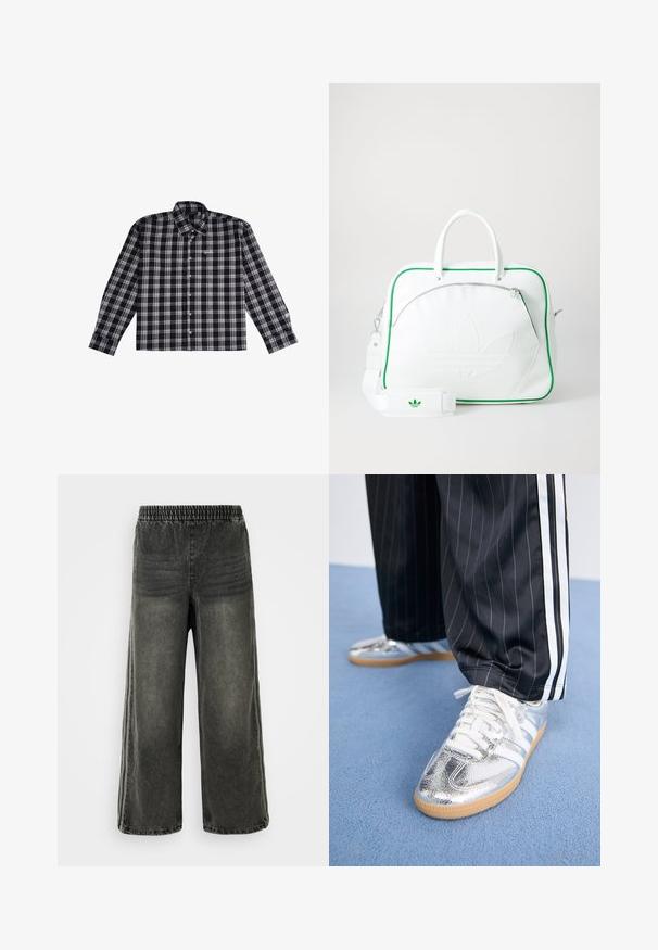 Camicia a maniche lunghe a quadri nera e grigia realizzata in tessuto morbido, con colletto button-down e logo ricamato sul petto.; Pantaloni in denim neri lavati con vita elasticizzata e gambe larghe, caratterizzati da sottili dettagli di cucitura verticale sui lati.; Sneakers metallici argentati con lacci bianchi e tre strisce bianche, abbinati a pantaloni neri a righe sottili. Accent legato alla suola in gomma.; Borsa in pelle bianca con rifiniture verdi, caratterizzata da un logo goffrato prominente, doppi manici, una tracolla removibile e una tasca frontale con zip.