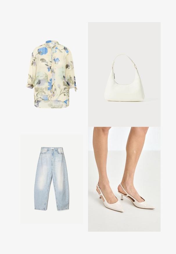 Lahka, prosojna bluza s cvetličnim vzorcem v odtenkih modre in sive na kremnem ozadju. Ima dolge rokave s zvitimi manšetami in stojnim ovratnikom.; Svetlo modra čipkasta majica brez rokavov z tankimi naramnicami, ki ima obrobo s pisanjem in cvetlični vzorec, zasnovana za oprijet kroj.; Svijetloplave traperice slobodnog kroja, s izbjeljenom završnom obradom, dva prednja džepa i kopčom na gumbe na pojasu.; Bež lakirane usnjene čevlje na peto s koničastim nosom in 5 cm visokim peto, ki imata izrezane stranice in tanko zanko okoli gležnja.; Majhna bela torbica za ramo z enim nastavljivim trakom in zadrgo, postavljena na enobarvno belo ozadje.