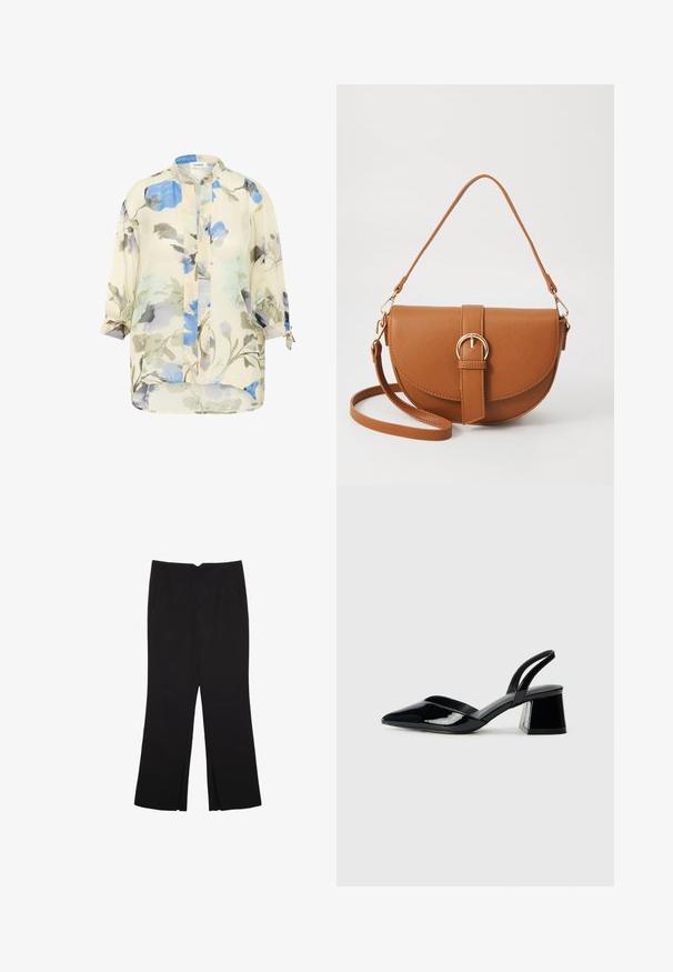 Lahka, prosojna bluza s cvetličnim vzorcem v odtenkih modre in sive na kremnem ozadju. Ima dolge rokave s zvitimi manšetami in stojnim ovratnikom.; Črne hlače ravnega kroja z naglavnimi žepi in stranskimi razporki na robu. Narejene iz mehke, gladke tkanine. Primerne za različne priložnosti.; Črne lakirane slingback pete s koničastim nosom in geometrijsko blokasto peto. Imajo eleganten, minimalističen dizajn in gladko teksturo.; Rjava usnjena torbica prek telesa s ukrivljeno obliko, zlate opreme in sponko. Ima odstranljiv naramni trak.