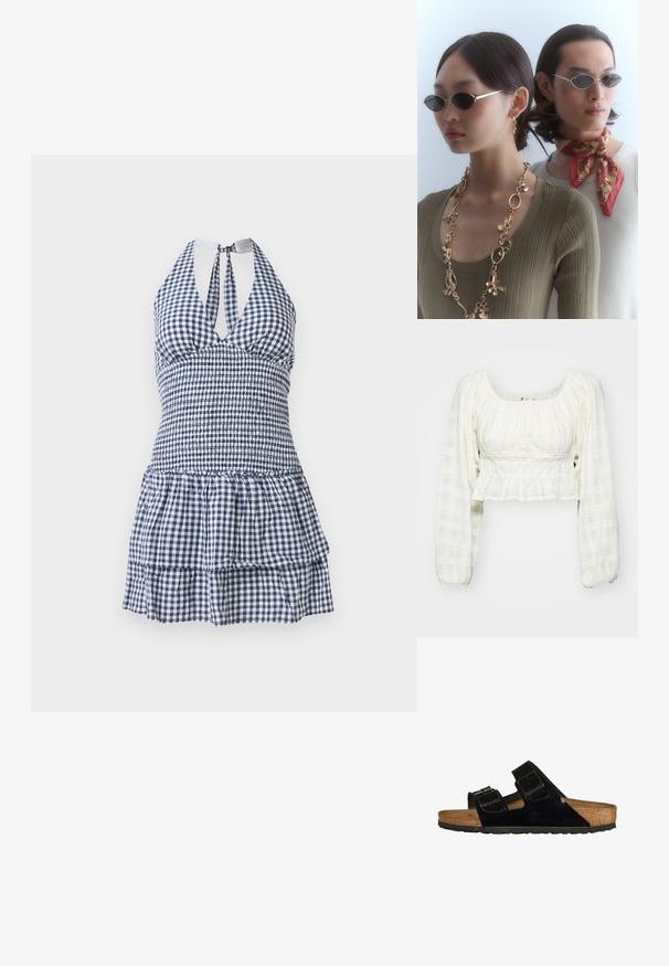 Bílá zkrácená blůza s texturovaným mřížkovým vzorem, dlouhými objemnými rukávy, čtvercovým výstřihem a nařasenými detaily v pase.; Sluneční šaty s kostkovaným vzorem v námořnické modré a bílé, s přiléhavým živůtkem, halter krkem, otevřeným zádem a vícestupňovým volánkovým lemem.; Černé lakované kožené sandály s dvěma nastavitelnými popruhy, korkovou stélkou a gumovou podrážkou, s hladkým povrchem a minimalistickým designem.; Kulaté sluneční brýle s tmavými skly a tenkými stříbrnými obroučkami. Jeden člověk má na sobě zlatý řetízek, zatímco druhý má červený šátek s vzorem.; Burgundská kabelka na rameno vyrobená z lesklého materiálu, s křivkovým tvarem a nařasenou texturou. Disponuje krátkým uchem a viditelným zipovým uzávěrem.