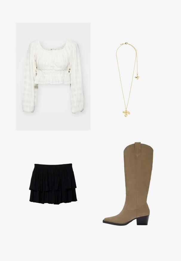 Weiße cropped Bluse mit strukturiertem Rautenmuster, langen Puffärmeln, herzförmigem Ausschnitt und Rüsche im Taillenbereich.; Schwarzer, gestufter Minirock mit Rüschendesign, aus weichem Stoff und elastischem Bund für Komfort. Fließende Textur mit geschichteten Stufen.; Knöchelhohe, sandfarbene Wildlederstiefel mit spitzer Zehenform, gestapeltem Absatz und genähten Details an den Seiten. Glatte Textur und strukturierte Form.; Pilgrim DREAM - Halskette - gold plated