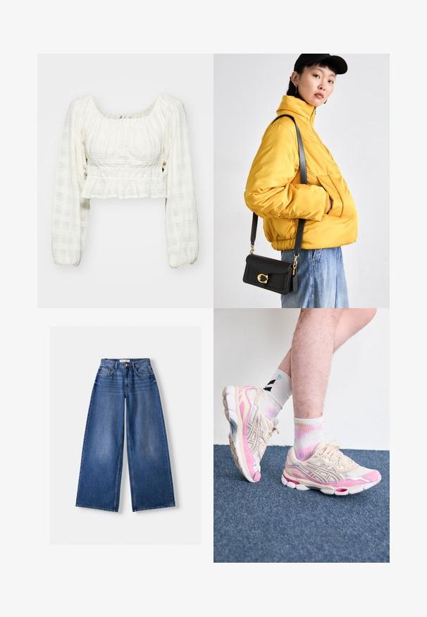 Valkoinen lyhyt paita, jossa on teksturoitu ruudukko-kuvio, pitkät puffi-hihat, neliömäinen kaula-aukko ja venytetty yksityiskohta vyötäröllä.; Valkoinen lyhythihainen t-paita, jossa on vaaleanpunainen sydämendesign kirjaimella "D" keskellä. Paita on valmistettu ribbikankaasta, jossa on kontrastiväri saumoissa.; Bershka WIDE-LEG - Leveälahkeiset - dark blue; Beige ja roosa urheilulenkkarit hopeisilla yksityiskohdilla, verkkohuput ja paksu pohja. Yhdistetty värikkäisiin, solmittuihin sukkiin.; Keltainen pehmustettu takki korkean kauluksen ja etutaskun kanssa, yhdistettynä mustaan olkalaukkuun, jossa on kultaiset yksityiskohdat. Rentouttavat farkut.