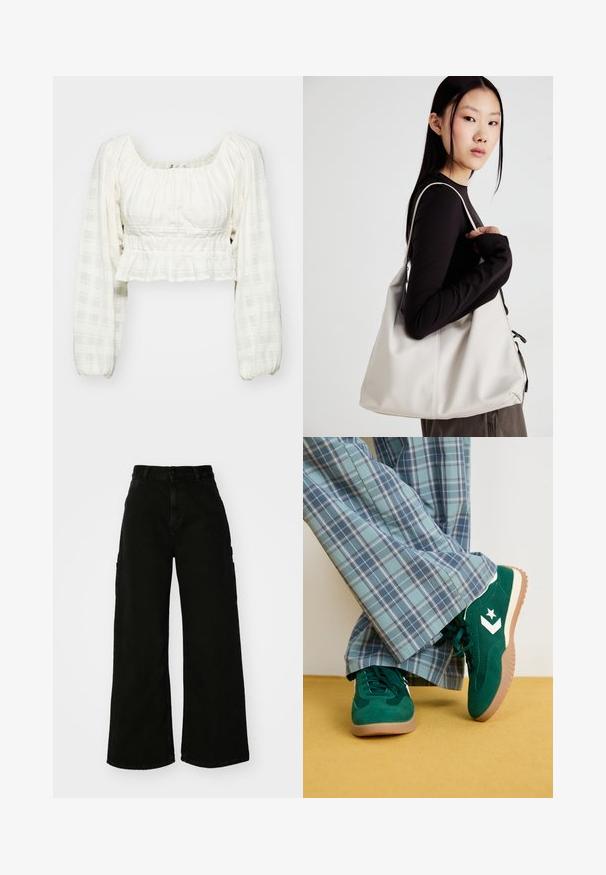 Bluză albă scurtă, cu un model texturat în grilaj, mâneci lungi tip balon, decolteu pătrat și detalii smock la talie.; Pantaloni cargo negri, cu pantaloni largi din denim, având talie înaltă, închidere cu fie-button în față și buzunare laterale. Textură netedă cu cusături minime.; Adidași verzi din suede cu detalii albe și un logo în formă de stea, combinați cu pantaloni largi cu model în carouri albastre, așezați pe un podea galbenă.; Geantă bej din material moale, cu un design lejer, detalii cusute și două bretele pentru umăr. Potrivită pentru utilizarea zilnică.