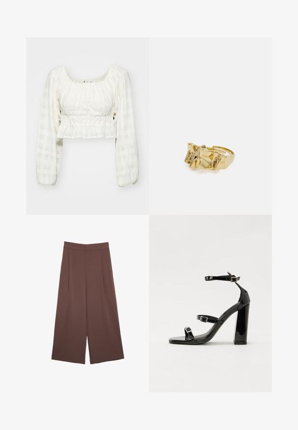 Weiße cropped Bluse mit strukturiertem Rautenmuster, langen Puffärmeln, herzförmigem Ausschnitt und Rüsche im Taillenbereich.; Braune Weite-Leg-Hosen mit einer glatten Textur, hoher Taille und Vorderfalten. Der Stoff ist leicht und fällt locker.; Schwarze patentierte Sandalen mit Absatz, quadratischer Spitze, Knöchelriemen und silbernen Schnallen. Mit einem stabilen Blockabsatz für mehr Stabilität.; Goldring mit strukturiertem, wellenförmigem Design, das drei markante Spitzen aufweist. Glatte, glänzende Oberfläche mit einem offenen Band für einen verstellbaren Sitz.