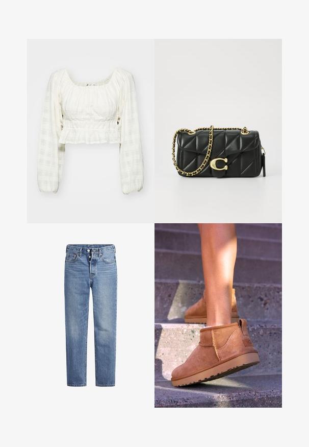 Blusa corta bianca con un motivo a griglia texturizzato, maniche lunghe a sbuffo, scollatura quadrata e dettagli arricciati in vita.; Jeans in denim blu chiaro con taglio dritto, design a cinque tasche e chiusura con bottone. Presentano una leggera sbiaditura e dettagli in cucitura arancione.; Stivali alla caviglia in suede beige con una consistenza morbida, dettagli cuciti e suola in gomma, dotati di un tacco ad anello per una facile vestibilità.; Borsa a tracolla in pelle nera trapuntata con una catena dorata e un fermaglio a scatto con un accento circolare. Forma rettangolare compatta.