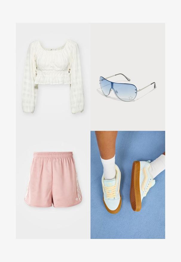 White cropped blouse with a textured grid pattern, long puff sleeves, a square neckline, and smocked detailing at the waist.; Pink athletic shorts with an elastic waistband, side white stripe detailing, and a small logo on the lower left front. Smooth fabric texture.; Light blue sneakers with cream accents, featuring laces, a rubber sole, and textured grip. Worn with white crew socks on a blue surface.; Aviator sunglasses featuring a gradient blue lens, silver metal frame, and decorative star accents on the lens. Smooth and sleek design.