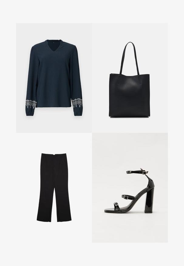 Mornarsko plava bluzica s V-izrezom, teksturiranom tkaninom i dugim rukavima. Sadrži složenu bijelu vez na manžetama.; Crne hlače ravnog kroja, s prednjim džepovima i bočnim prorezima na rubu. Izrađene od mekog i glatkog materijala. Pogodne za razne prigode.; Crne lakirane sandale na visoku petu s dva remena s kopčama, kvadratnim vrhom i masivnom blok petom, s glatkom, sjajnom teksturom.; Crna kožna torba za nošenje s glatkom teksturom, pravokutnim oblikom i dvije duge ručke. Nema vidljivih metalnih dijelova ili ukrasa.