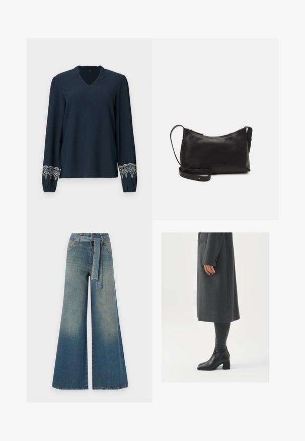 Navy blue blouse with a V-neck, textured fabric, and long sleeves. Featuring intricate white embroidery on the cuffs.; Wide-leg denim trousers featuring a light to dark blue gradient, high waist, belt loops, and a matching fabric belt. Textured denim finish.; Gray, tailored overcoat with a straight cut; paired with knee-high black leather boots featuring a square toe and chunky heel.; Black leather shoulder bag with a smooth texture, curved shape, adjustable strap, and a zip closure. Minimalist design without embellishments.