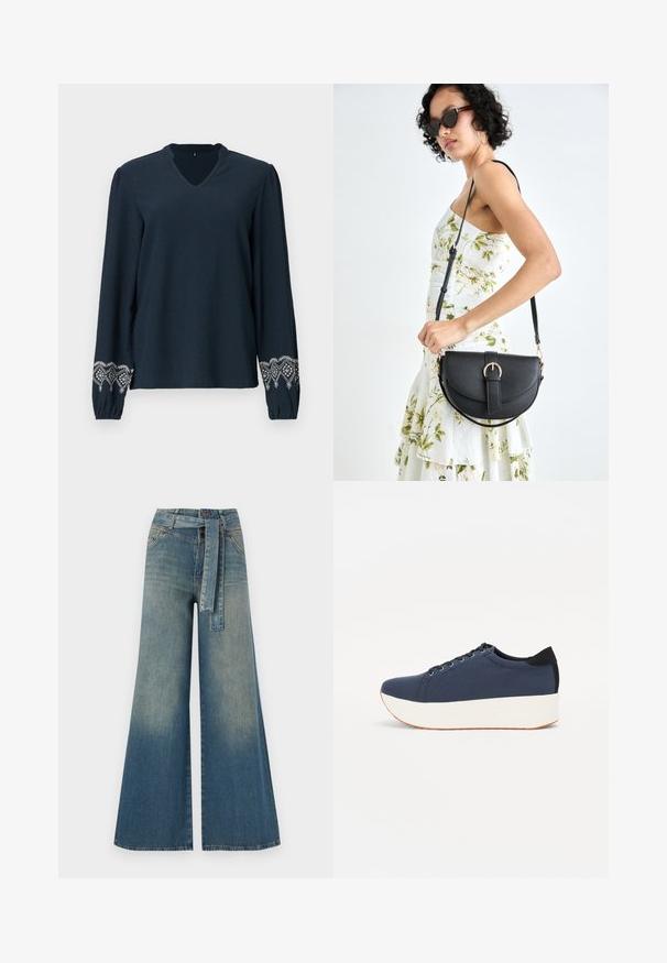 Blusa azul marino con escote en V, tejido texturizado y mangas largas. Con intrincados bordados blancos en los puños.; Pantalones de mezclilla de pierna ancha con un degradado de azul claro a oscuro, cintura alta, trabillas para cinturón y un cinturón de tela a juego. Acabado de mezclilla texturizada.; Zapatilla de color azul marino con parte superior de tejido texturizado, suela de plataforma blanca, punta redondeada y acento en el talón negro. Cuenta con seis ojales para los cordones.; Bolso de piel negra con forma curva, correa desmontable y herrajes dorados. El bolso cuenta con una solapa con un detalle de hebilla.