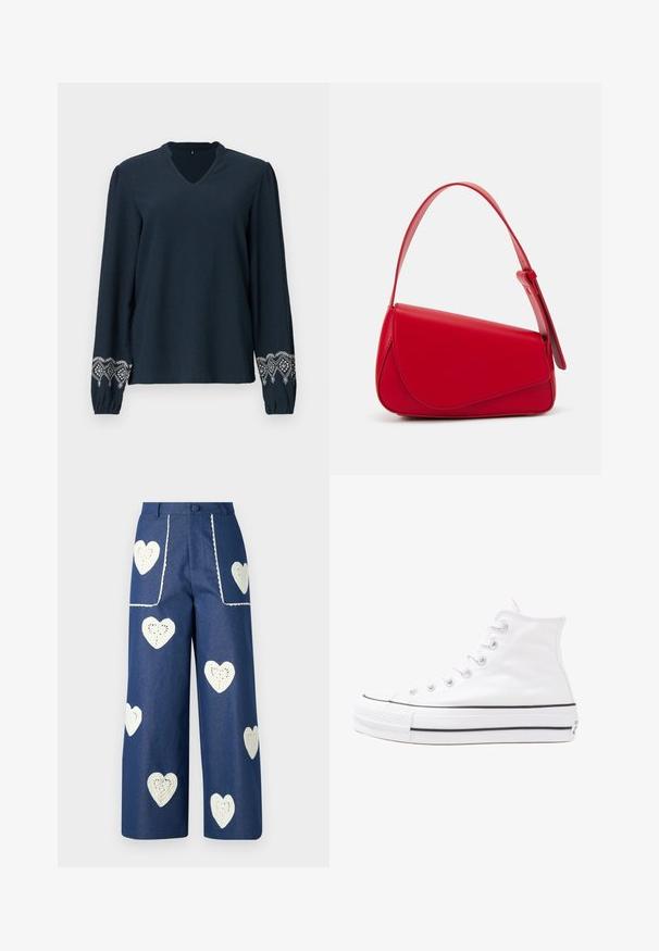 Blusa blu navy con scollo a V, tessuto strutturato e maniche lunghe. Presenta un intricato ricamo bianco sui polsini.; Sister Jane HEART TO HEART - Jeans a sigaretta - blue denim; Sneaker alta in tela bianca con suola in gomma nera, punta in gomma frontale e sei asole per i lacci, caratterizzata da un design pulito e minimalista.; Borsa a tracolla in pelle rossa con un design angolare e geometrico. Presenta una singola tracolla regolabile e una chiusura a patta con dettagli cuciti.