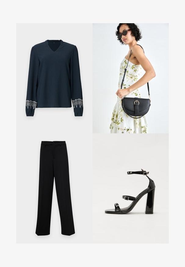Navy blue blouse with a V-neck, textured fabric, and long sleeves. Featuring intricate white embroidery on the cuffs.; Black wide-leg trousers made of smooth fabric, featuring a classic waistband with a button closure and front pleats.; Black patent heeled sandals with a square toe, ankle straps, and silver buckles. Features a chunky block heel for stability.; Black leather handbag with a curved shape, detachable strap, and gold hardware. The bag features a flap with a buckle detail.