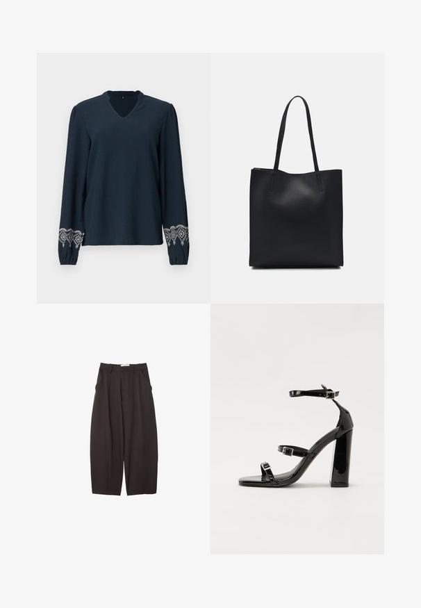Námornícky modrá blúzka s V-výstrihom, textúrovanou látkou a dlhými rukávmi. S detailným bielym vyšívaním na manžetách.; Čierne široké nohavice vyrobené z hladkej tkaniny, s vysokým pásom, prednými skladmi a bočnými vreckami. Jednoduchý dizajn bez ozdôb.; Čierne lakované sandále na podpätku so štvorcovou špičkou, navlečenými remienkami okolo členku a striebornými prackami. Disponujú masívnym blokovým podpätkom pre stabilitu.; Čierna kožená taška na rameno s hladkým povrchom, obdĺžnikovým tvarom a dvoma dlhými uchami. Bez viditeľného kovania alebo ozdôb.