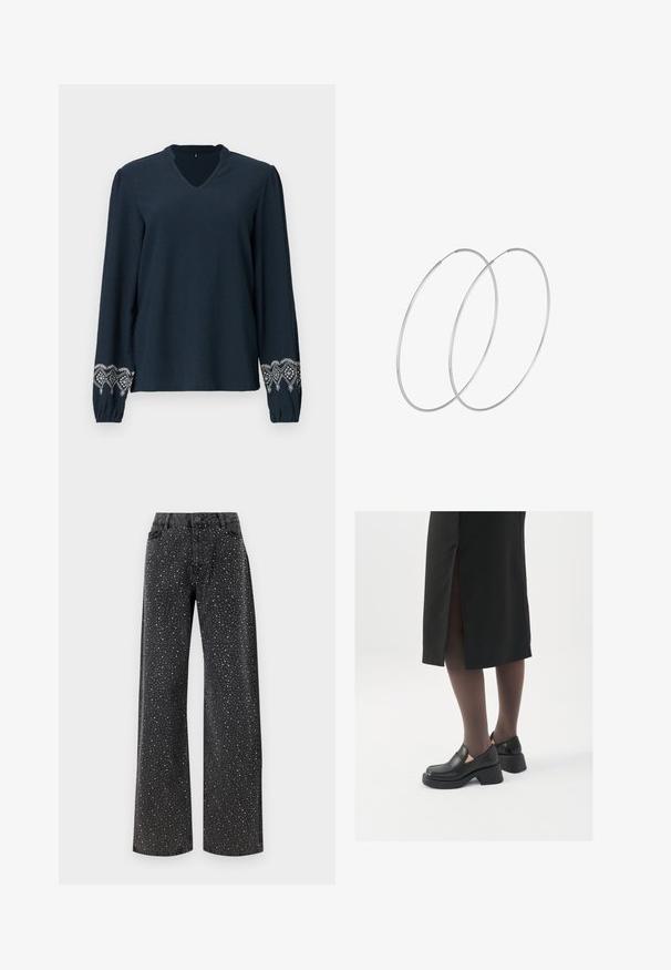 Tumedast sinise värviga pluus V-kaelusega, tekstuurse kangaga ja pikkade varrukatega. Varvastes on keerukas valge tikand.; Noisy May NMJANNEL LOOSE - Avar lõikega teksad - black denim; Mustad mustad jalatsid ümmarguse varbaga, paksu plokkniidi ja elastsete külgdetailidega, kombineeritud tumedate sukkade ja musta lõhikuga seelikuga.; Hõbedased rõngastikkaehingad minimalistlikus disainis. Ümar kuju, sile tekstuur ja õhuke profiil. Kerged ning poleeritud viimistlusega.