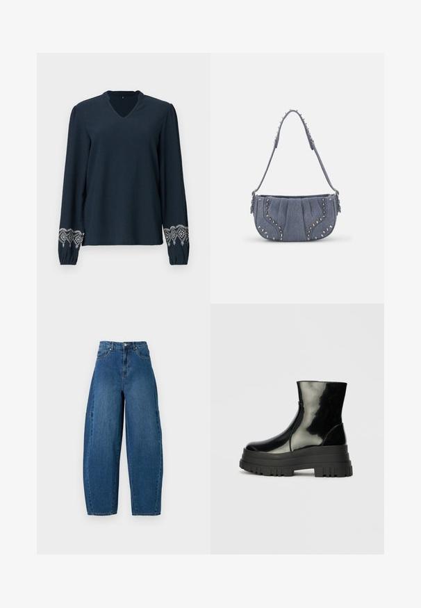 Blusa blu navy con scollo a V, tessuto strutturato e maniche lunghe. Presenta un intricato ricamo bianco sui polsini.; Jeans in denim con un lavaggio blu medio, caratterizzati da una vita alta, una gamba larga e un design a cinque tasche standard con dettagli di cucitura visibili.; Stivale nero lucido alla caviglia con suola spessa e tonda, vista laterale su sfondo grigio chiaro uniforme.; Borsa a spalla in denim con design plissettato, colore blu, dettagli in metallo argentato lungo i bordi e una tracolla strutturata.