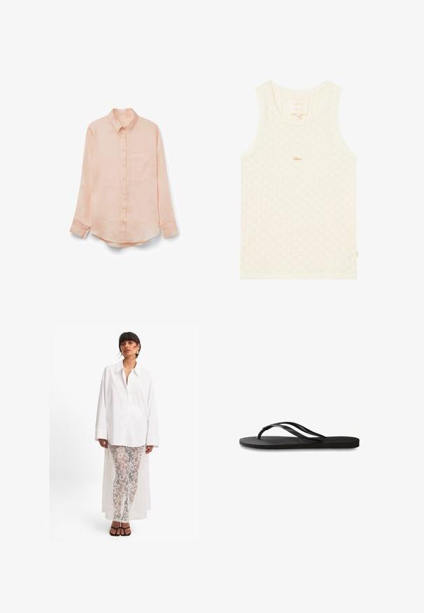 Ljusrosa linne skjorta med långa ärmar, knäppning fram, spetsig krage och en enda bröstficka. Mjukt material, avslappnad passform, rundad fåll.; Krämfärgad linne med ribbad textur som har små diamantmönster. Det har en rundad halsringning och en subtil guldig logotyp.; Vit skjorta med knappar och långa ärmar, matchad med genomskinliga vita spetsbyxor med blommönster och en lång baksida. Svarta sandaler.; Svart flip-flop med en texturerad gummisula, två slanka remmar och en subtil, präglad logodetalj på remmen.