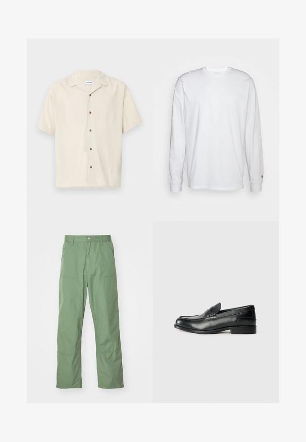 Camicia beige a maniche corte realizzata in un tessuto liscio. Presenta un colletto a punta e bottoni marroni lungo la parte anteriore.; T-shirt bianca a maniche lunghe realizzata in cotone. Design con collo rotondo, polsini a costine e un piccolo logo sulla manica sinistra. Texture liscia.; Pantaloni verdi chiaro, dal taglio morbido, caratterizzati da una superficie liscia, con tasche laterali e dettagli di cucitura in vista. A lunghezza intera con un design a gamba dritta.; Mocassini in pelle nera con finitura liscia, dettagli cuciti sulla parte superiore e tacco leggermente rialzato.