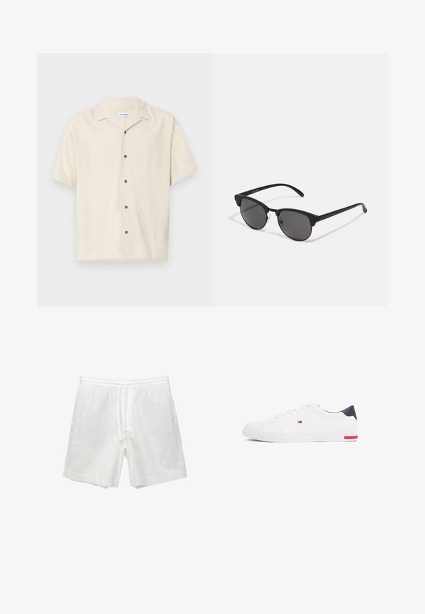 Beige overhemd met korte mouwen, gemaakt van een gladde stof. Voorzien van een puntige kraag en bruine knopen aan de voorkant.; Witte katoenen shorts met een elastische tailleband met trekkoord, zijzakken en een rechte snit met afgewerkte zomen.; Witte lage sneakers gemaakt van glad leer. Beschikt over een marineblauwe hielkap en een rode accent op de zool. Zes oogjes voor veters.; Zwarte zonnebril met ronde lenzen, matte afwerking en een kenmerkende cat-eye vorm. Slanke armen met subtiele branding op de linkertempel.