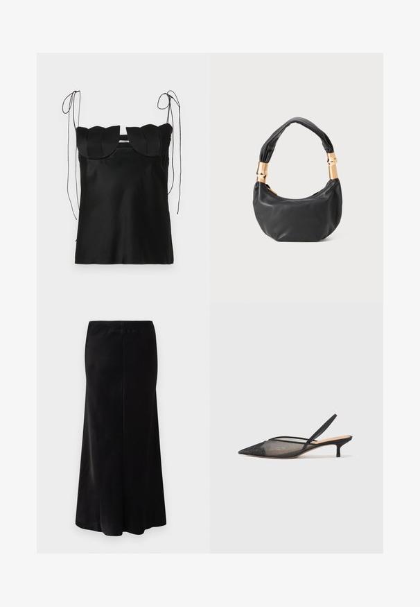 Melna bez piedurknēm topa ar viļņotām apakšmalām, kas izgatavots no gludas auduma. Iezīmē maināmas plecu saites un vienkāršu, pieguļošu dizainu.; Melnas, grīdas garuma svārki, izgatavoti no gludas auduma. Satur pieguļošu jostasvietu un izplestu siluetu. Nav redzamu rakstiem vai detaļām.; NEOUS IRENA - Klasiski papēži - black; Melnas ādas rokassoma ar apaļu formu, mīkstu tekstūru un mezgla rokturi, kas rotāts ar zelta tonētiem aksesuāriem. Ar rāvējslēdzēja aizdari.
