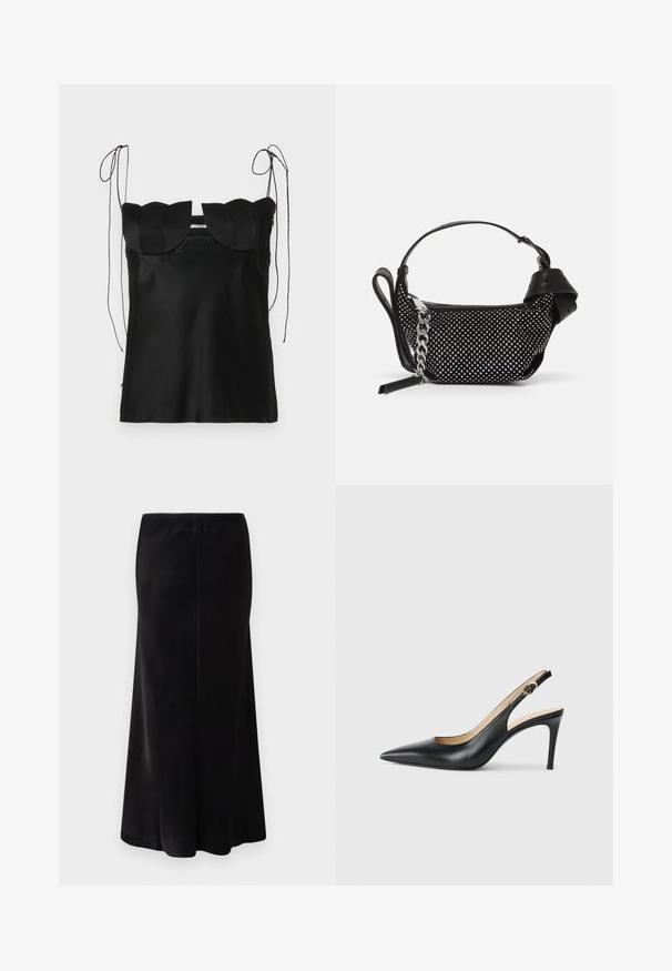 Top nero senza maniche con scollatura scallop, realizzato in tessuto liscio. Presenta spalline regolabili e un design semplice e aderente.; Gonna nera lunga fino al pavimento realizzata in tessuto liscio. Presenta una vita aderente e una silhouette svasata. Senza motivi visibili o accessori.; Slingback in pelle nera con i tacchi alti a punta, cinturino regolabile e tacco a spillo elegante, caratterizzati da una finitura liscia.; Borsa nera con un design texture, adornata con borchie argentate e una robusta tracolla in argento. Presenta una forma elegante e minimalista.