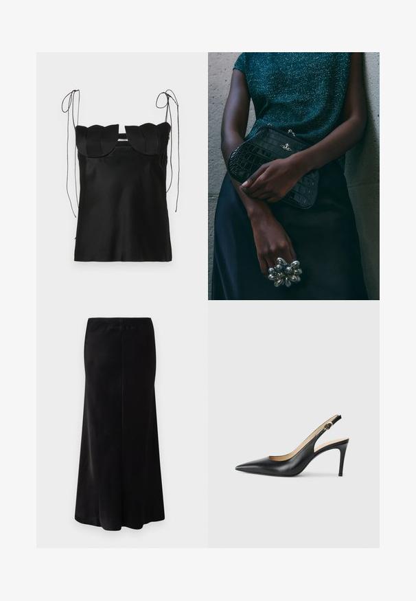 Top negro sin mangas con un escote ondulado, hecho de una tela suave. Presenta tirantes ajustables en los hombros y un diseño simple y ajustado.; Falda negra, larga hasta el suelo, fabricada en un tejido suave. Presenta una cintura ajustada y una silueta acampanada. Sin patrones visibles ni elementos metálicos.; Tacones altos negros de cuero con tirantes, punta afilada, correa ajustable y un elegante tacón de aguja, con un acabado suave.; Bolso de mano negro con estampado de cocodrilo y herrajes plateados, sostenido frente a un fondo gris texturizado. Presenta una superficie brillante.
