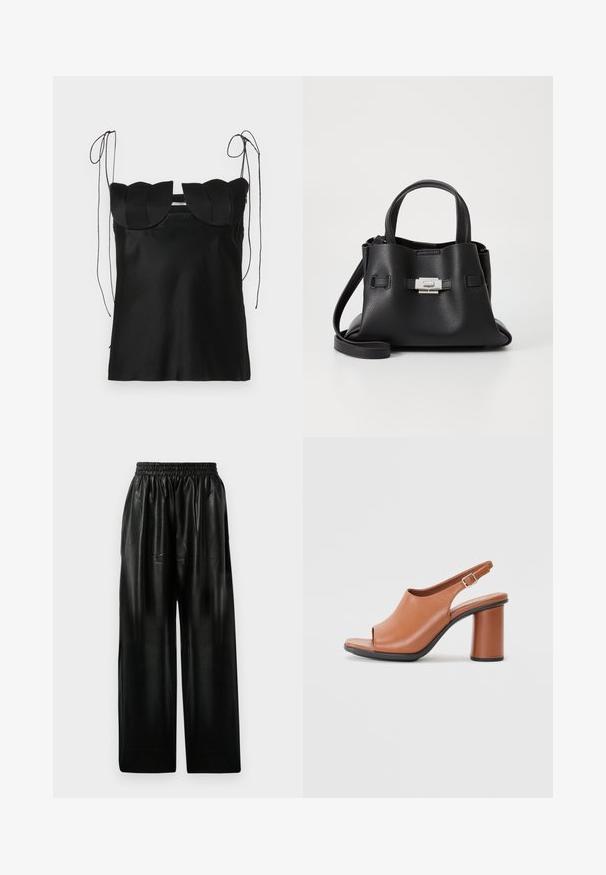 Črna brezrokavna majica z valovitim ovratnikom, izdelana iz gladkega materiala. Ima nastavljive naramnice in preprost, prilegajoč se design.; Črne usnjene hlače širokega kroja z elastičnim pasom, ki imajo dve stranski žepi in gladko, sijočo teksturo.; Rjavi usnjeni sandal s odprtim prstom in blokastim peto, gladke teksture ter nastavljivim sponko. Podplat se kontrastira z zgornjim delom.; Črna usnjena torbica z teksturirano površino, ki ima dva zgornja ročaja, odstranljiv ramenski trak in podrobnosti z srebrnim zapiranjem.