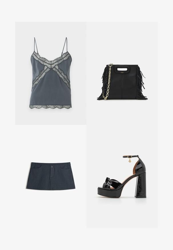 Tmavě šedá tílko s tenkými nastavovacími ramínky, krajkovými detaily po obvodu výstřihu a lemu, hladkým materiálem a vlnitými okraji.; Námořnicky modrá mini sukně s proužky, předními kapsami a jedním knoflíkem na zavírání v pase.; Maje Sandály na vysokém podpatku - noir; Černá kožená kabelka s třásněmi, zlatým řetízkovým ramenním popruhem a rukojetí s výřezem. Na přední straně se nachází logo.