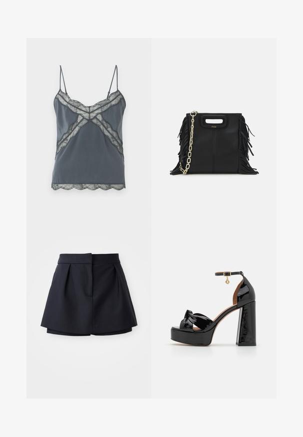 Dark gray camisole with thin adjustable straps, lace detailing along the neckline and hem, smooth fabric, and scalloped edges.; Navy pleated shorts with a high waist, made from smooth fabric. Features a fitted design and hidden front pocket.; Maje High heeled sandals - noir; Black leather handbag with fringe details, gold chain shoulder strap, and a cut-out handle. Features logo placement on the front.