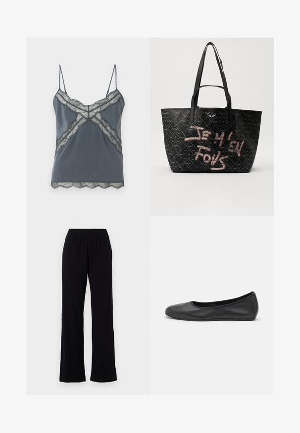 Tumehall pitsakäis õhuke reguleeritav krae, pitsdetailidega kaelaava ja ääred, sile kangas ning lainelised servad.; Mustad, kerge, elastse vööügiga püksid sirge sääre disainiga. Pehme tekstuur, ilma nähtavate mustrite või detailideta. Lihtne ja mitmekesine stiil.; Musthave mustika tantsutossud mustast nahast, ümmarguse varbaga, siledast tekstuurist, minimaalse õmblusdetailiga ja paindliku tallakujundusega.; Must kuhja musta kotiga, tekstureeritud materjaliga, mis on kaetud rombikujuliste mustritega. Kotil on õlavarre rihmad ja julged punased ja valged tekstid, mis ütlevad "JE M'EN FOUS."