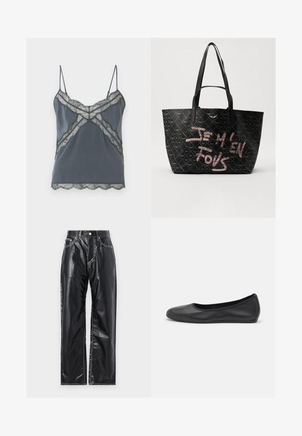 Canotta grigio scuro con spalline sottili regolabili, dettagli in pizzo lungo il collo e l'orlo, tessuto liscio e bordi ondulati.; Pantaloni neri in finta pelle con taglio wide-leg, dotati di cuciture bianche, tasche anteriori e un bottone dorato in vita.; Pantofole da balletto nere in pelle con punta arrotondata, texture liscia, dettagli di cucitura minimi e design con suola flessibile.; Borsa tote nera in materiale testurizzato con motivo a diamante, dotata di manici e di un audace testo rosso e bianco che recita "JE M'EN FOUS."