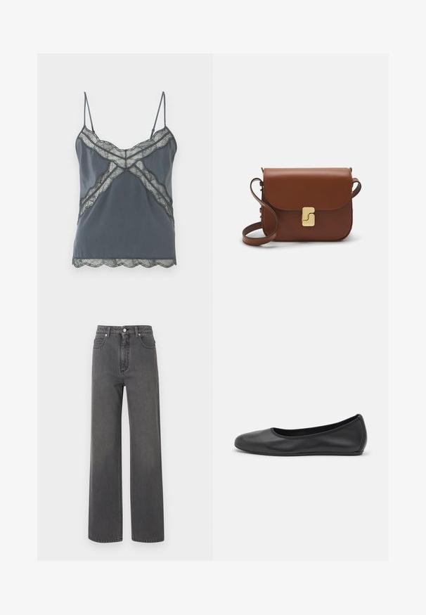 Canotta grigio scuro con spalline sottili regolabili, dettagli in pizzo lungo il collo e l'orlo, tessuto liscio e bordi ondulati.; Jeans in denim grigio a gamba larga con vita alta, chiusura con bottone frontale e cuciture a contrasto. Presentano due tasche laterali e una texture liscia.; Pantofole da balletto nere in pelle con punta arrotondata, texture liscia, dettagli di cucitura minimi e design con suola flessibile.; Borsa a tracolla in pelle marrone con chiusura a pattina, hardware color oro, tracolla e una finitura liscia. Forma rettangolare compatta.