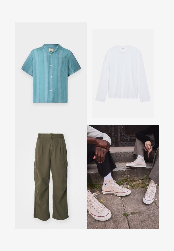 Korte mouw button-up shirt in een verloop van teal tinten met een borstzak en een gespreide kraag, gepresenteerd tegen een witte achtergrond.; Witte lange mouwen t-shirt gemaakt van katoen. Heeft een klassieke ronde halslijn en verlaagde schoudernaden, met een gladde, effen textuur.; Cargo broek in olijfgroen, gemaakt van katoen, met een wijd broekontwerp, plooien en zijzakken voor utility.; Beige hoge canvas sneakers met rode streep, witte rubberen zool en metalen oogjes, met het iconische sterrenlogo aan de zijkant.