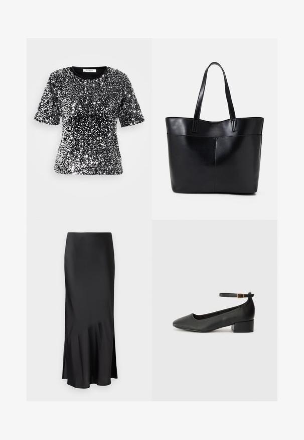 Black short-sleeve t-shirt covered in shiny silver sequins, featuring a crew neck and a smooth textile finish. Label visible at neckline.; Black satin midi skirt with a sleek design, featuring a slight flare at the hem and side slit for ease of movement. Smooth texture.; Black leather pump with a pointed toe and a low block heel. Features an ankle strap with a gold-tone buckle. Smooth texture.; Black leather tote bag with two long handles, a smooth texture, and a structured shape. Features a front pocket for additional storage.