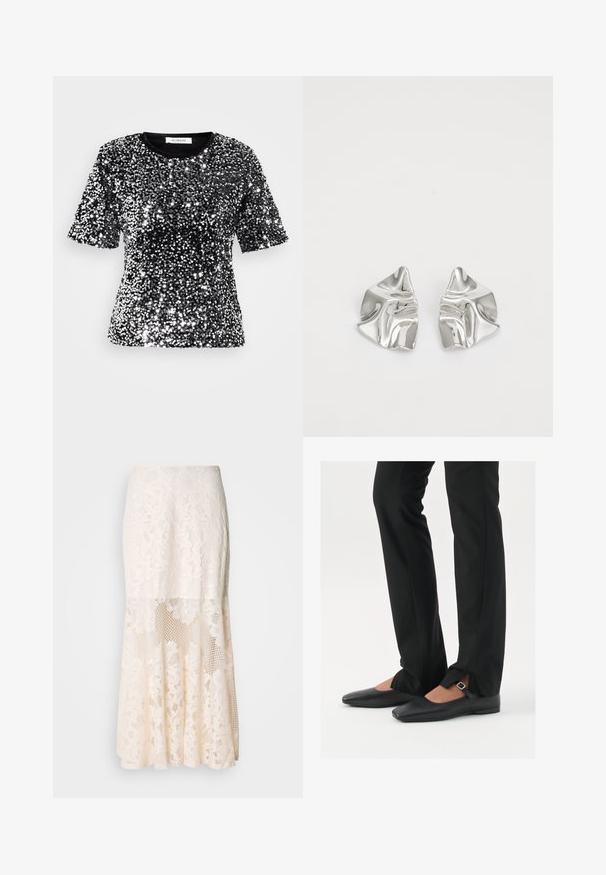 Czarna koszulka z krótkim rękawem pokryta błyszczącymi srebrnymi cekinami, z okrągłym dekoltem i gładkim wykończeniem materiału. Metka widoczna przy dekolcie.; Kremowa spódnica midi z koronkowym wzorem; charakteryzuje się warstwowym fasonem z przezroczystymi sekcjami, teksturowaną koronką i falbaniastym dołem.; Czarne skórzane baletki z ostro zakończonym noskiem, paskiem z srebrną klamrą, w połączeniu z czarnymi spodniami o dopasowanym kroju z rozcięciem u dołu.; Srebrne metalowe kolczyki o falistym, rzeźbiarskim wzorze z polerowanym wykończeniem i nieregularnymi kształtami, podkreślające nowoczesny estetykę.