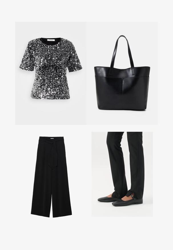 T-shirt preto de manga curta coberto por lantejoulas prateadas brilhantes, com decote redondo e um acabamento têxtil suave. Etiqueta visível na gola.; Calças largas pretas com um tecido texturizado, uma cintura elástica e um laço destacável na cintura para um ajuste ajustável.; Sapatilhas de balé pretas em couro com bico fino, tira com fivela prateada, combinadas com calças pretas ajustadas com bainha fendida.; Bolsa tote preta em couro com duas alças longas, textura suave e forma estruturada. Apresenta um bolso frontal para armazenamento adicional.