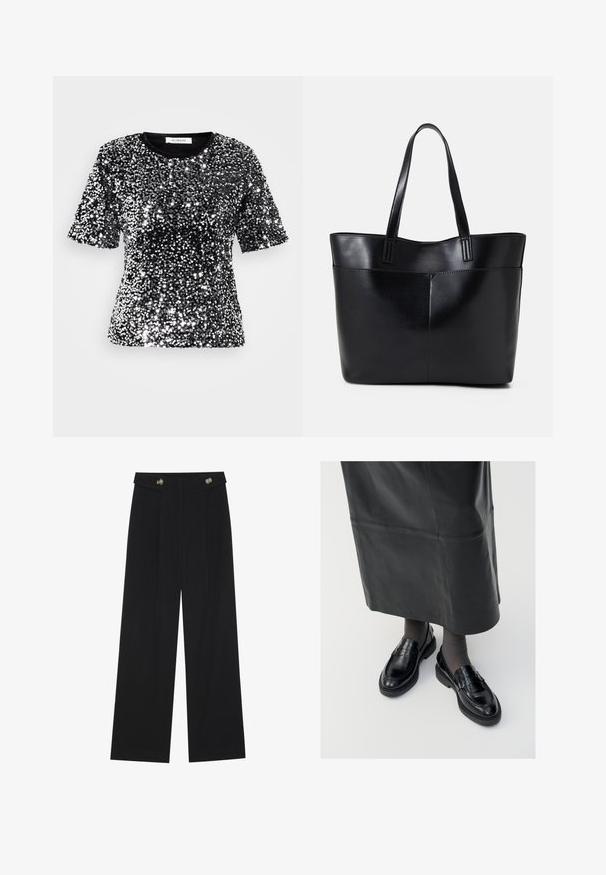 Fekete, rövid ujjú póló, amelyet fényes ezüst flitterek borítanak, kerek nyakkivágással és sima textil felülettel. A címke látható a nyakkivágásnál.; Fekete, bő szárú nadrág magas derékkal, gombos részletekkel a derékrészen és elülső pliszékkal.; Fekete bőr loafer cipők sima felülettel, díszítő pánttal, kerek orral és texturált talppal. Hosszú fekete bőr szoknyával viselve.; Fekete bőr bevásárlótáska két hosszú fogantyúval, sima felülettel és strukturált formával. Elülső zseb található rajta a plusz tárolás érdekében.